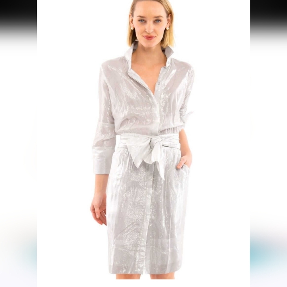 GRETCHEN SCOTT Breezy Blouson Dress- Glinda lurex -silver/white. Size Medium